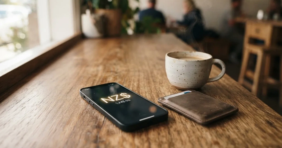 A smartphone on a wooden table beside a wallet and a coffee cup