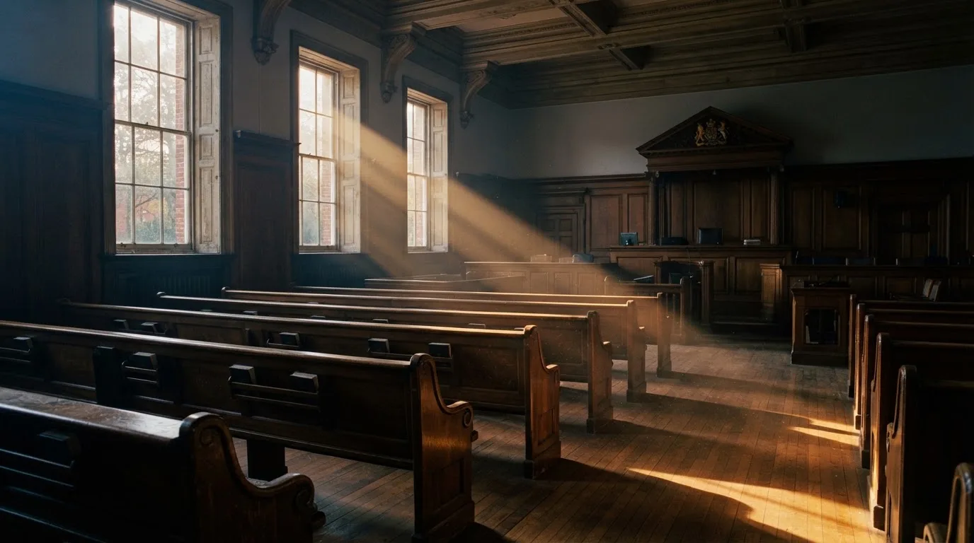 An empty courtroom with wooden benches in morning light