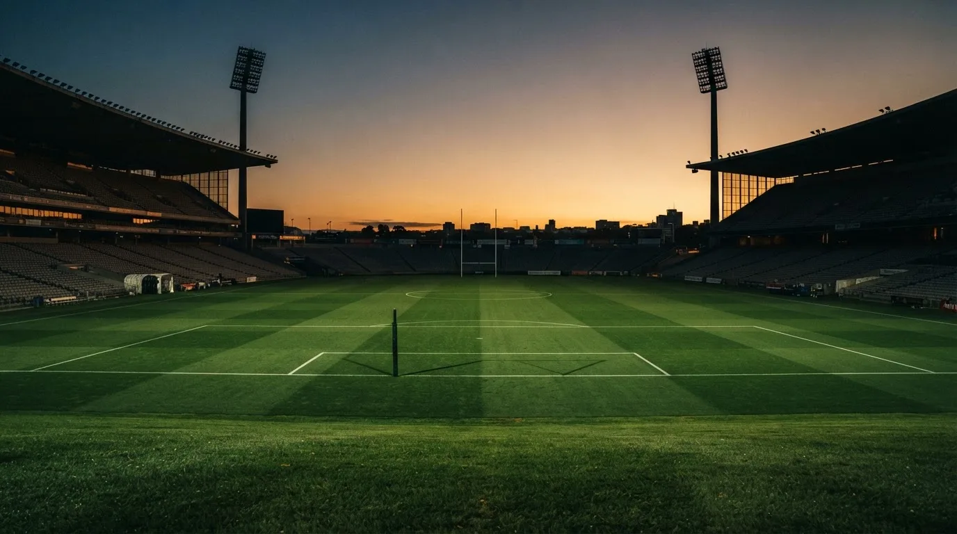 An empty football stadium with floodlight masts at dusk