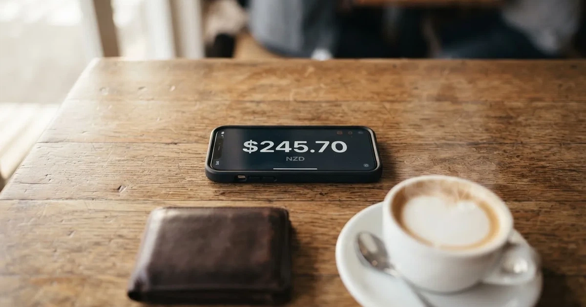 A smartphone on a wooden table beside a wallet and a coffee cup