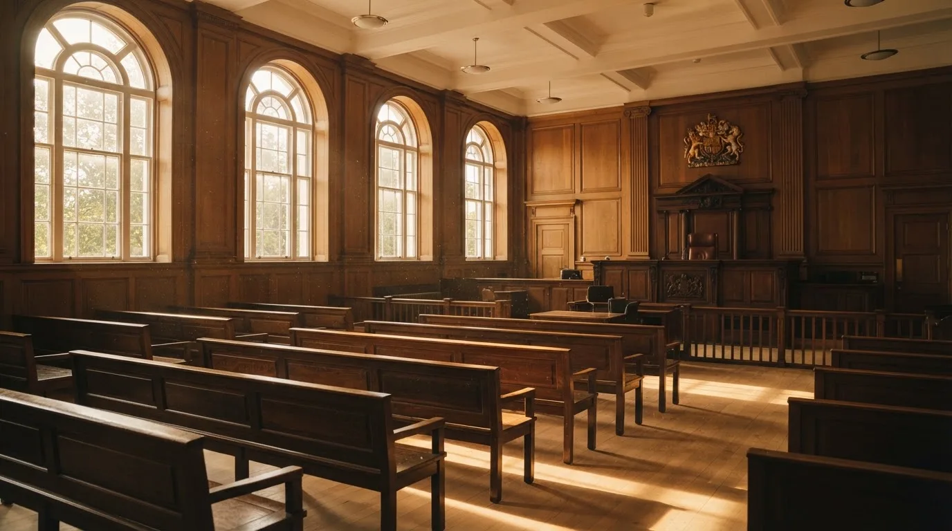 An empty courtroom with wooden benches in morning light