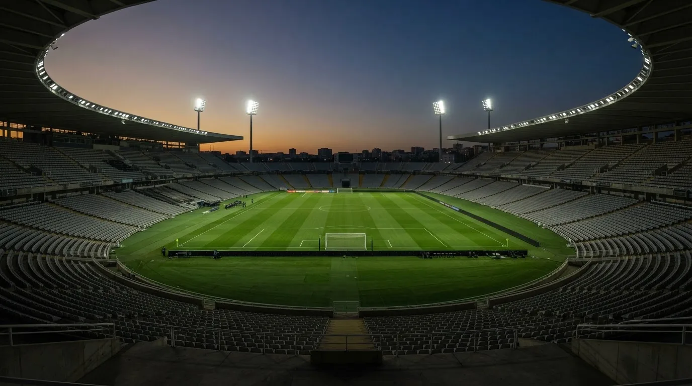 An empty football stadium with floodlight masts at dusk