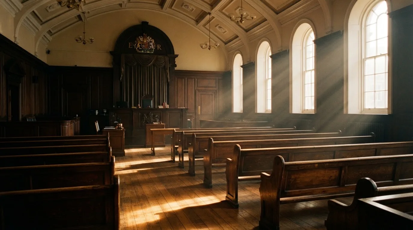 An empty courtroom with wooden benches in morning light