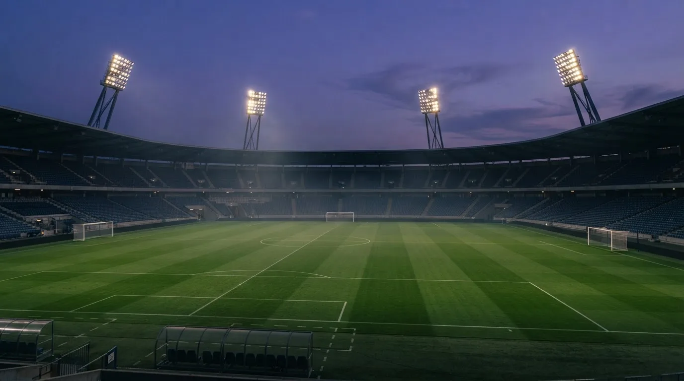 An empty football stadium with floodlight masts at dusk