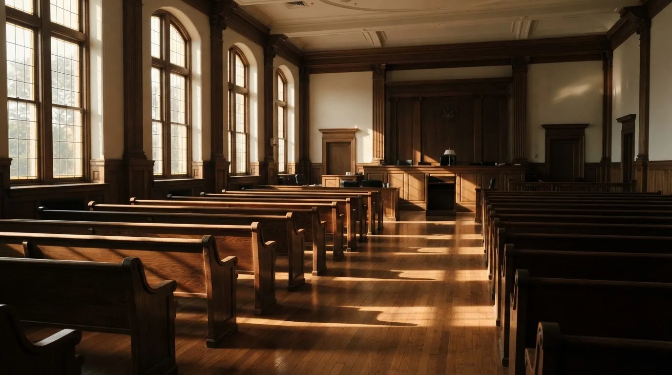 An empty courtroom with wooden benches in morning light