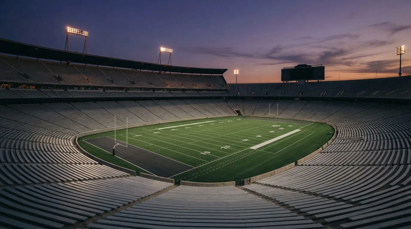 An empty football stadium with floodlight masts at dusk