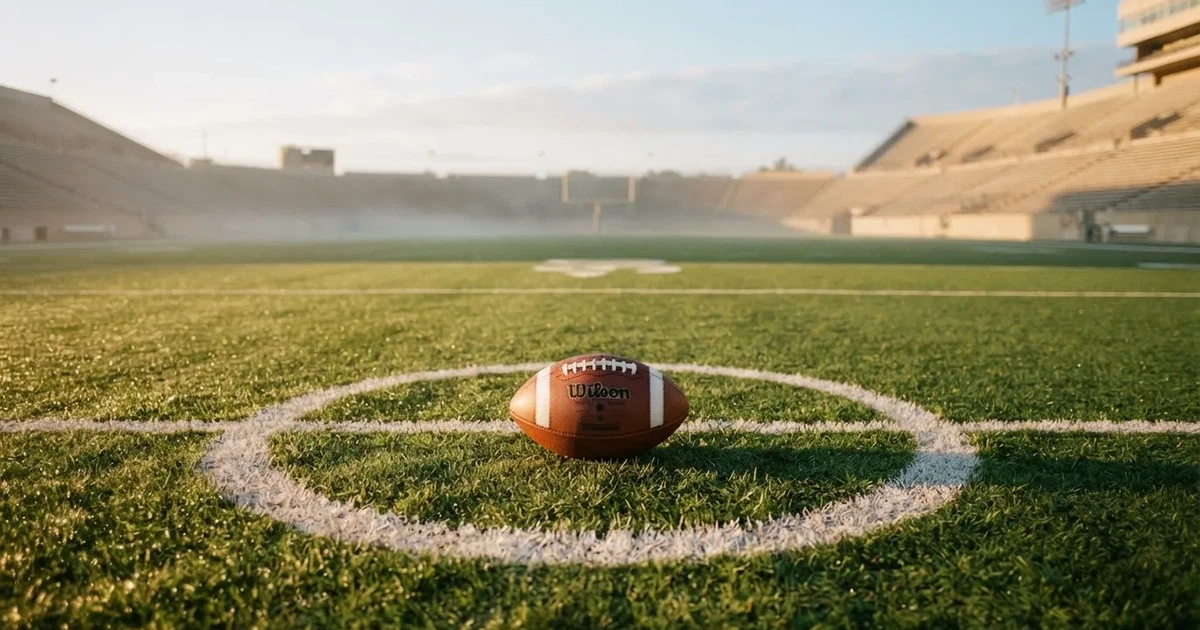 A ball on the centre spot of a grass pitch in morning light
