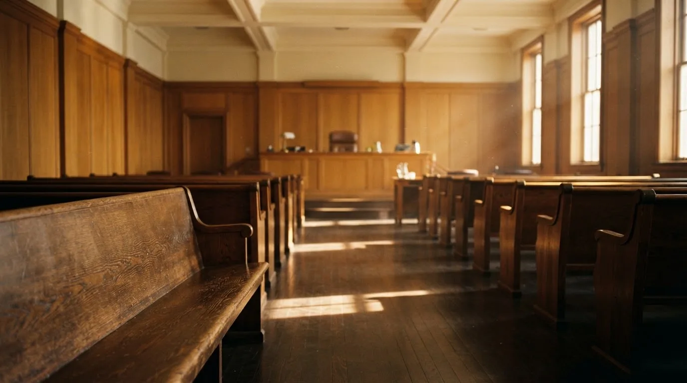 An empty courtroom with wooden benches in morning light