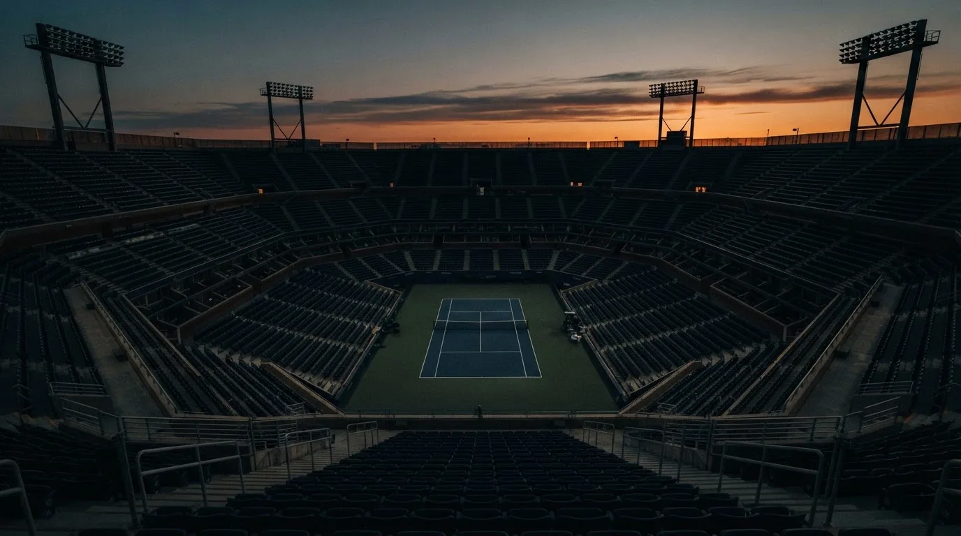 An empty football stadium with floodlight masts at dusk