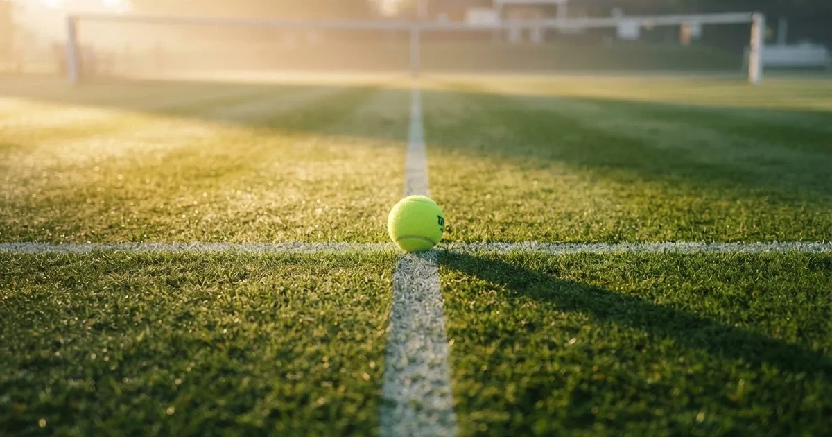 A ball on the centre spot of a grass pitch in morning light