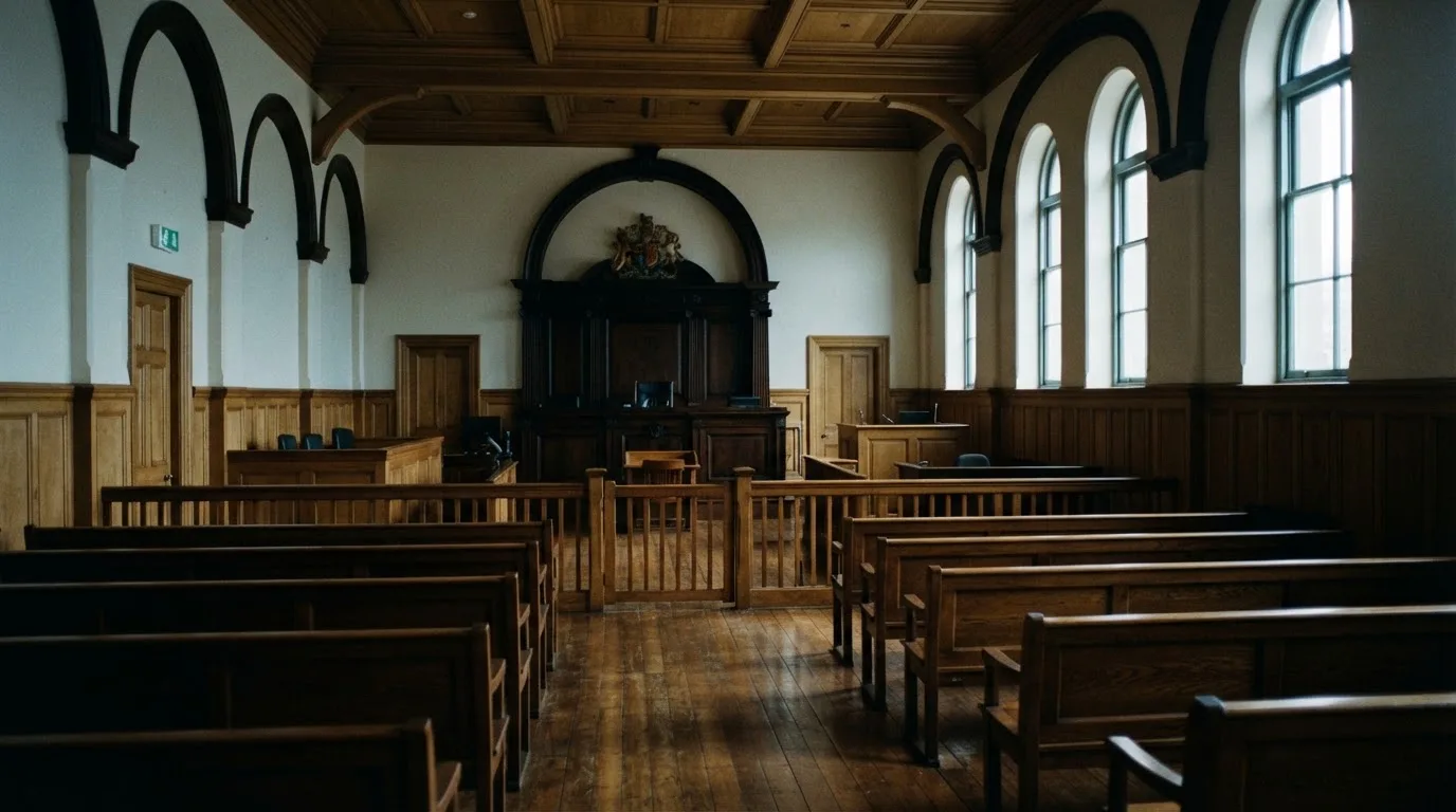 An empty courtroom with wooden benches in morning light