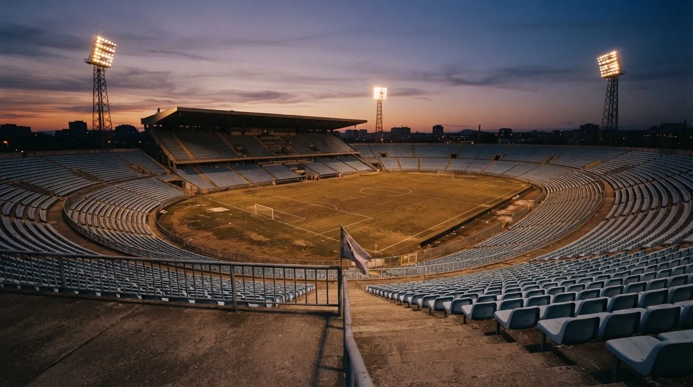 An empty football stadium with floodlight masts at dusk