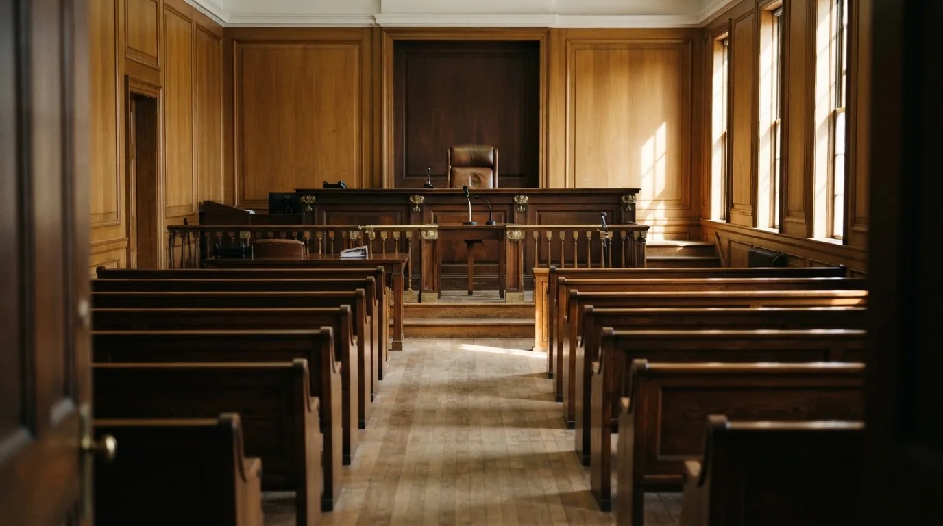 An empty courtroom with wooden benches in morning light