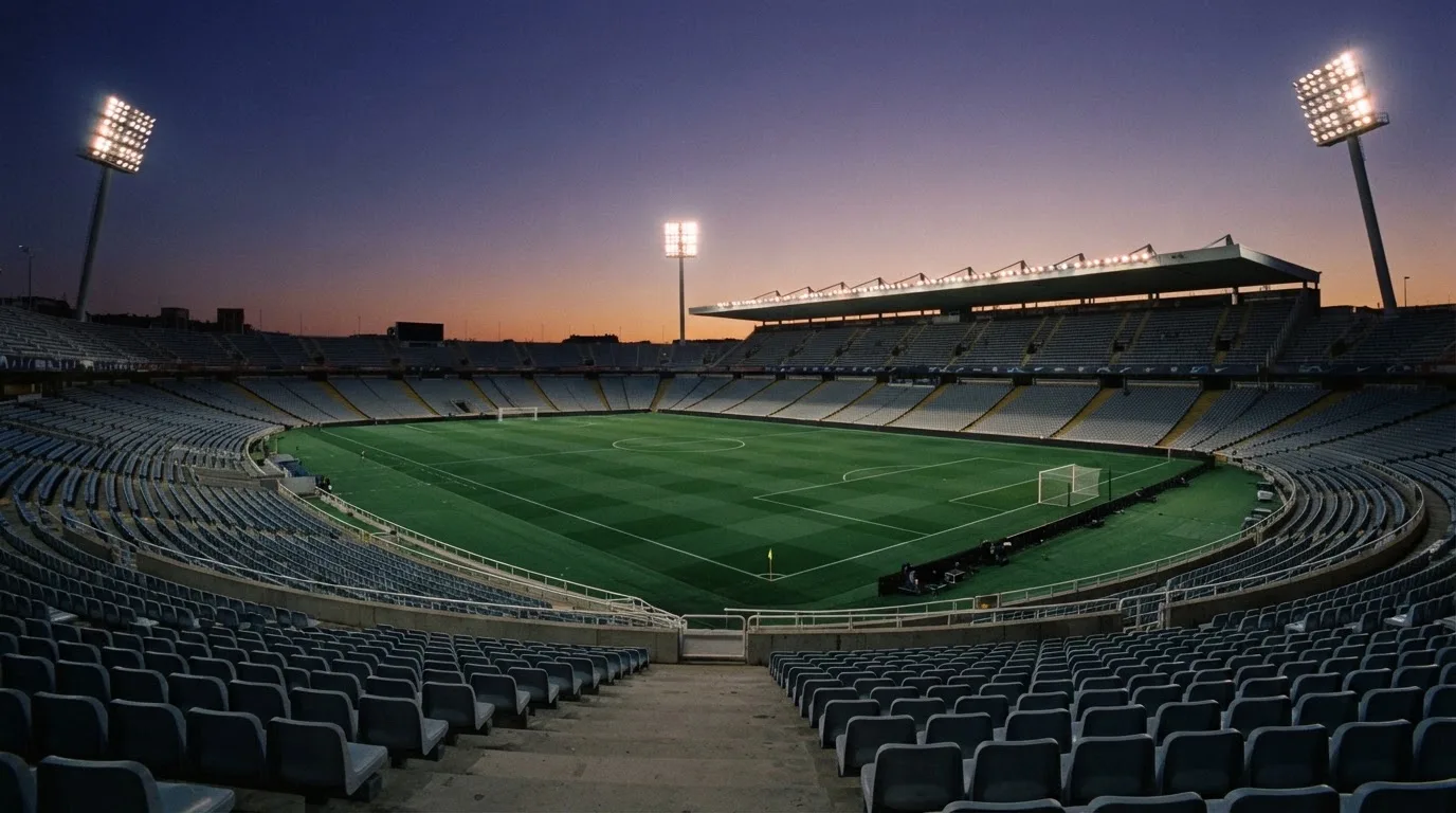 An empty football stadium with floodlight masts at dusk
