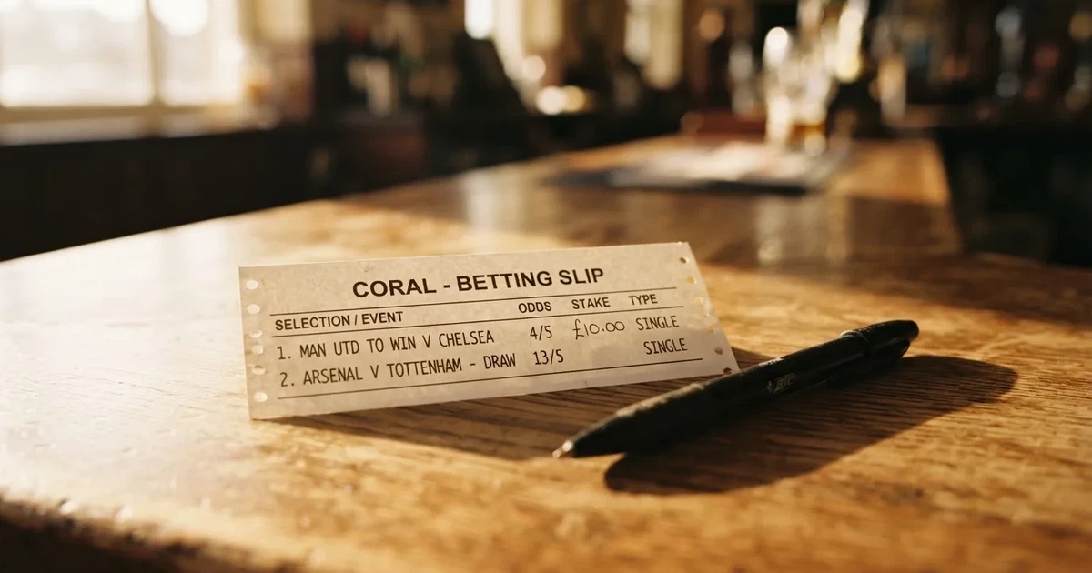 A blank paper betting slip beside a pen on a wooden counter