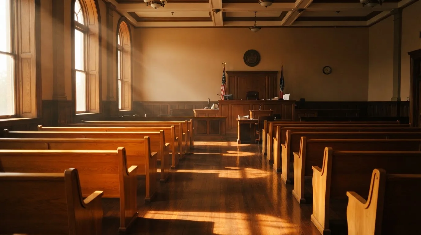 An empty courtroom with wooden benches in morning light