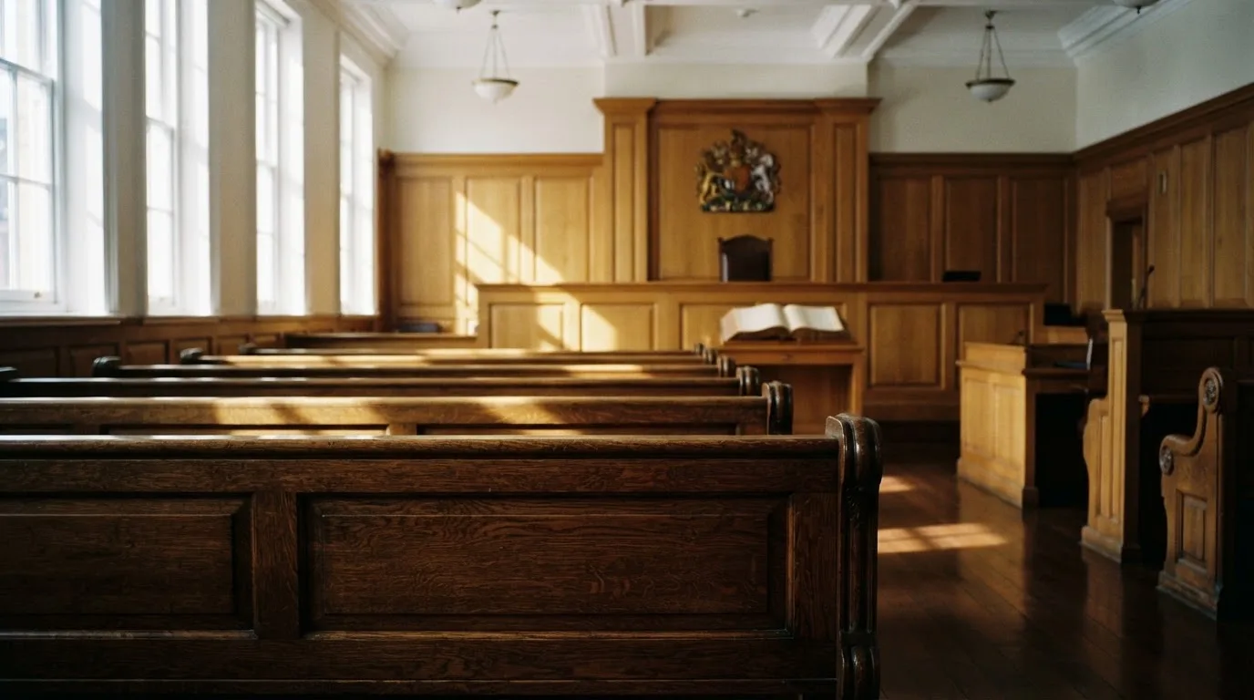 An empty courtroom with wooden benches in morning light